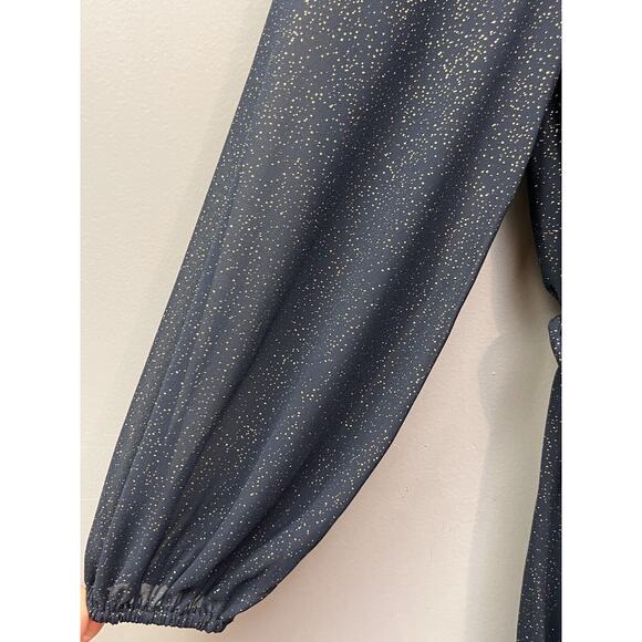 Banana Republic Twist Neck Metallic Dress Womens SP Petite Blue Gold‎ Sheer NEW - Picture 7 of 11